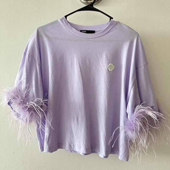 Maje Plume Feather-Trim Tee Purple Sz 2 T-shirt Lilac - Picture 3 of 7
